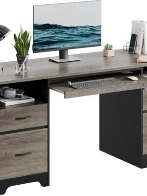 59” Computer Desk with 4 Drawers, Office Desk with Storage, Industrial Executive Desk with File Drawer, Keyboard Tray & 2 Pedestals on Both Sides for Home Office & Studio, Grey