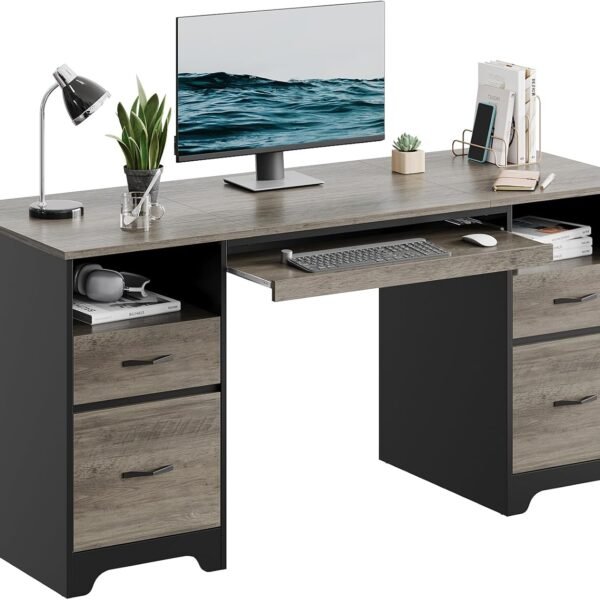 59” Computer Desk with 4 Drawers, Office Desk with Storage, Industrial Executive Desk with File Drawer, Keyboard Tray & 2 Pedestals on Both Sides for Home Office & Studio, Grey
