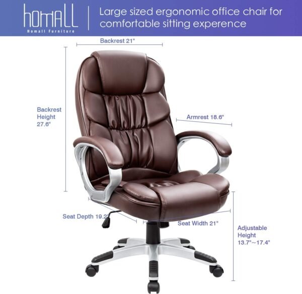 Office Chair High Back Computer Chair Ergonomic Desk Chair,  Leather Adjustable Height Modern Executive Swivel Task Chair with Padded Armrests and Lumbar Support (Brown)
