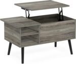 Living Room Wooden Leg Lift Top Coffee Table With Hidden Compartment and Side Open Storage Shelf, French Oak Grey