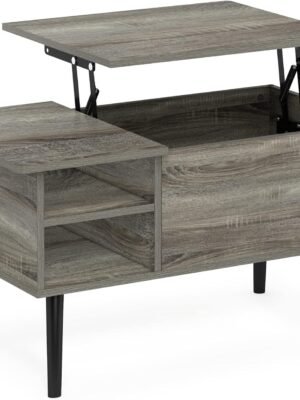 Living Room Wooden Leg Lift Top Coffee Table With Hidden Compartment and Side Open Storage Shelf, French Oak Grey