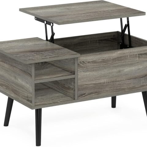 Living Room Wooden Leg Lift Top Coffee Table With Hidden Compartment and Side Open Storage Shelf, French Oak Grey
