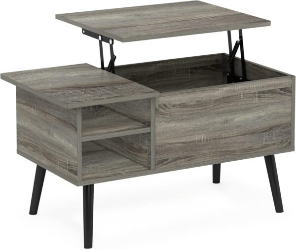 Living Room Wooden Leg Lift Top Coffee Table With Hidden Compartment and Side Open Storage Shelf, French Oak Grey