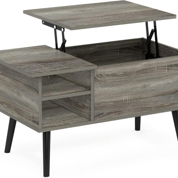 Living Room Wooden Leg Lift Top Coffee Table With Hidden Compartment and Side Open Storage Shelf, French Oak Grey