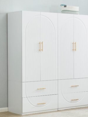 74" H 4 Doors White Wooden Armoire Wardrobe Closet Bedroom Freestanding Storage Closet Armoire Cabinet Bathroom Storage Clothes Organizer Shelf with Hanging Rod Gold Handles