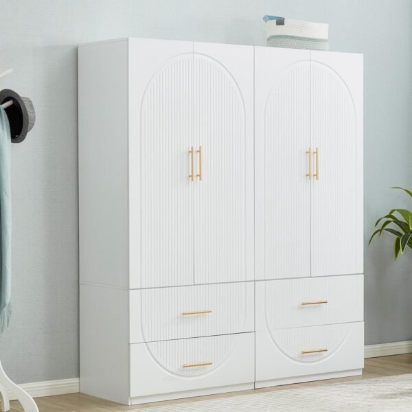 74" H 4 Doors White Wooden Armoire Wardrobe Closet Bedroom Freestanding Storage Closet Armoire Cabinet Bathroom Storage Clothes Organizer Shelf with Hanging Rod Gold Handles