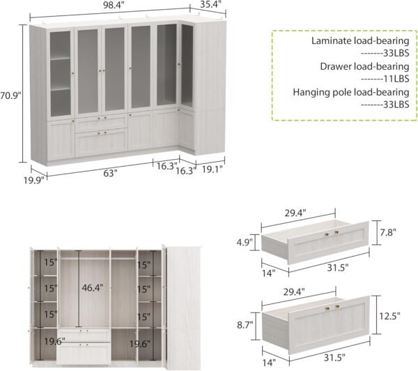 Extra Large L-Shape Armoire Wardrobe Closet with 6 Frosted Glass Hanging Bars, Shelves & Drawers, 98.4" L Wooden Closet Storage Cabinet for Bedroom, Warm Grey