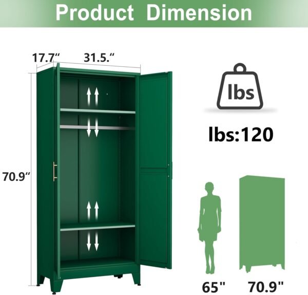 70.9" H Metal Armoire Wardrobe Closet, Adjustable Shelve, Clothes Drying Pole, Steel Wardrobe Cabinet for Bedroom (Green)