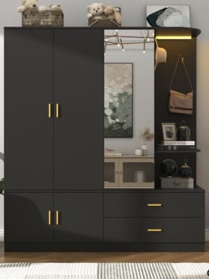 5 Doors Armoire Wardrobe Closet with Sensor Lamp and Mirror, Black