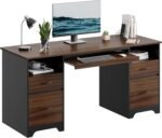 59” Computer Desk with 4 Drawers, Office Desk with Storage, Industrial Executive Desk with File Drawer, Keyboard Tray & 2 Pedestals for Home Office & Studio, Cherry
