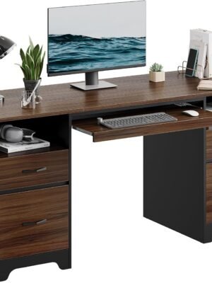 59” Computer Desk with 4 Drawers, Office Desk with Storage, Industrial Executive Desk with File Drawer, Keyboard Tray & 2 Pedestals for Home Office & Studio, Cherry