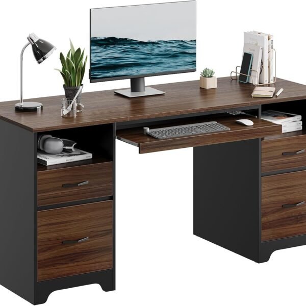 59” Computer Desk with 4 Drawers, Office Desk with Storage, Industrial Executive Desk with File Drawer, Keyboard Tray & 2 Pedestals for Home Office & Studio, Cherry