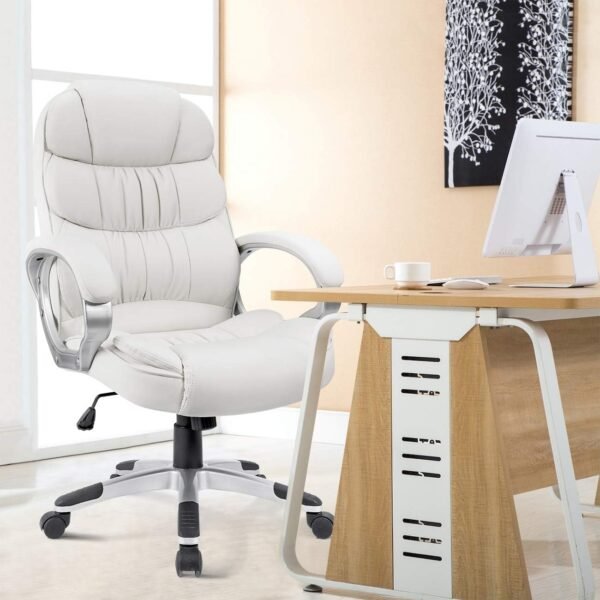 Office Chair High Back Computer Desk Chair,  Leather Adjustable Height Modern Executive Swivel Task with Padded Armrests and Lumbar Support (White)