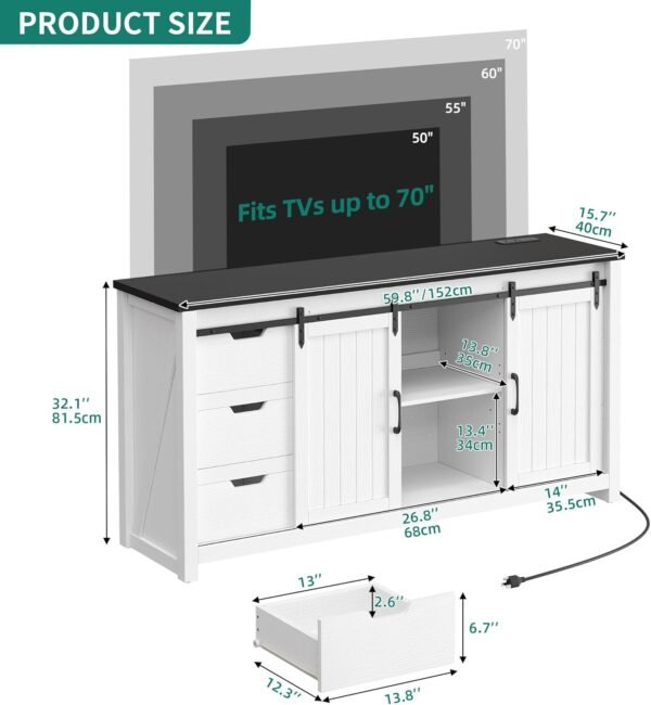 TV Stand for 65 Inch Television, Farmhouse TV Cabinet with Power Outlet & 6 Drawers, Rustic Entertainment Center TV Media Console Table with Storage and Sliding Barn Doors, White/Black, 59''