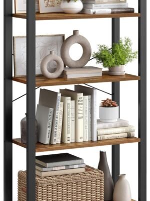 4-Tier Bookshelf, Bookcase with Steel Frame, Book Shelf for Living Room, Home Office, Study, 11.8 x 26 x 47 Inches, Industrial Style, Rustic Brown and Ink Black