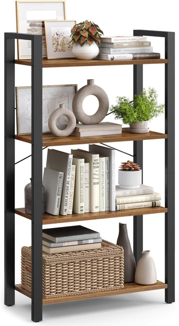 4-Tier Bookshelf, Bookcase with Steel Frame, Book Shelf for Living Room, Home Office, Study, 11.8 x 26 x 47 Inches, Industrial Style, Rustic Brown and Ink Black