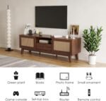 Rattan TV Stand for TVs Up to 70", Wood TV Stand Mid Century Modern TV Stand TV Media Console with Drawer and 2 Cabinets, Entertainment Center for Living Room