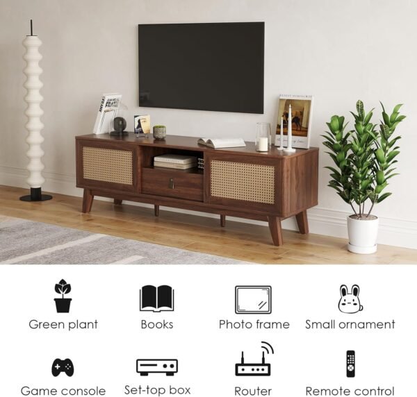 Rattan TV Stand for TVs Up to 70", Wood TV Stand Mid Century Modern TV Stand TV Media Console with Drawer and 2 Cabinets, Entertainment Center for Living Room