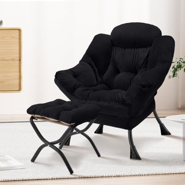 Lazy  with Folding Ottoman  Large  ,Contemporary Lounge Leisure Sofa  with Armrests Upholstered Sofa Arm Reading  for Bedroom,Dorm & Office(Black-f)