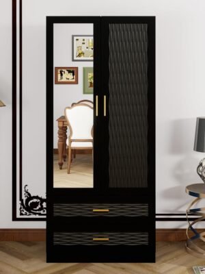 Wood Armoire Wardrobe Closet with Mirror, 2 Doors Armoire Storage Cabinet with Drawers and Hanging Rod,Bedroom Freestanding Wardrobe Combination for Hanging Clothes, Black 70.47”H