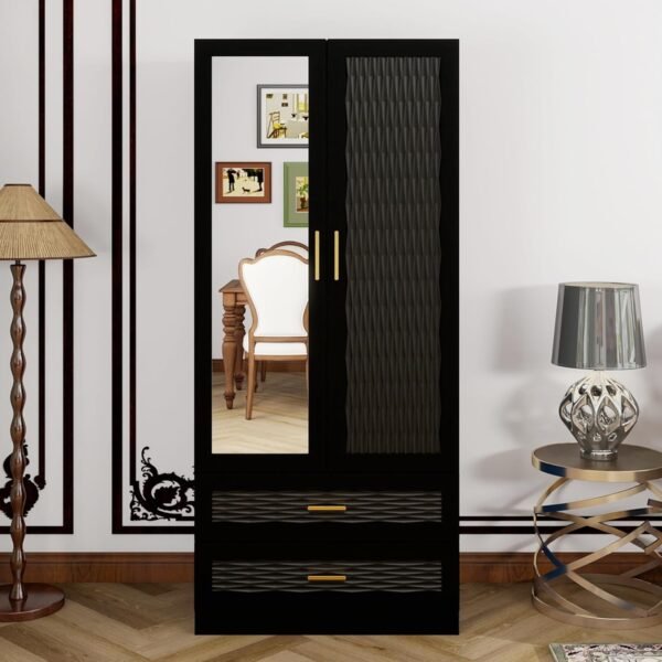 Wood Armoire Wardrobe Closet with Mirror, 2 Doors Armoire Storage Cabinet with Drawers and Hanging Rod,Bedroom Freestanding Wardrobe Combination for Hanging Clothes, Black 70.47”H