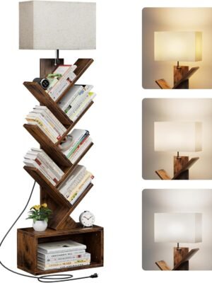6 Tier Tree Bookshelf with Light, Narrow Bookcase Tower, Tall Floor Standing Book Organizer with Storage Cabinet for Living Room, Bedroom and Home Office, Rustic Brown