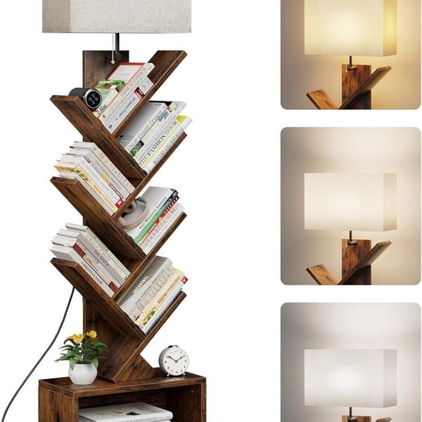 6 Tier Tree Bookshelf with Light, Narrow Bookcase Tower, Tall Floor Standing Book Organizer with Storage Cabinet for Living Room, Bedroom and Home Office, Rustic Brown