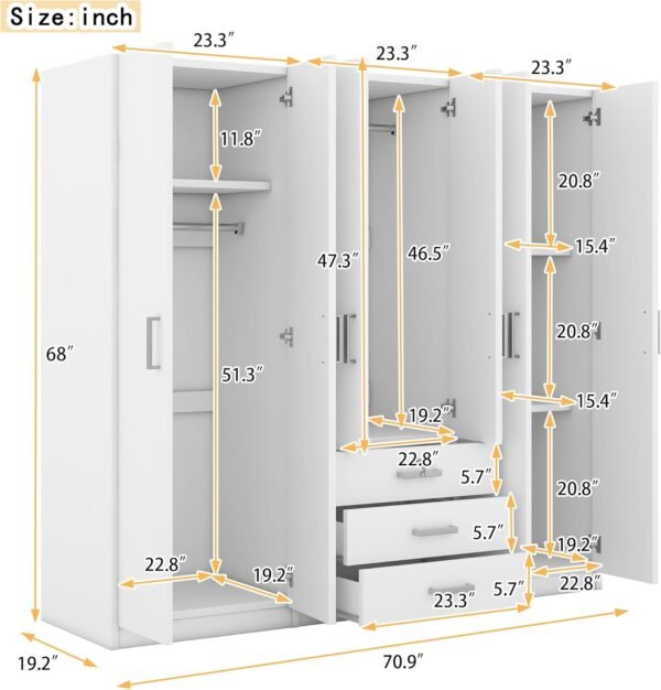 Large White 6 Doors Wooden Wardrobe, Bedroom Tall Armoire Closet Organizer with Big Drawers, Hanging Rails and Shelves, Clothes Storage Cabinet for Garage & Laundry Room, White