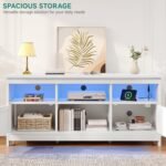 Farmhouse TV Stand with Power Outlet, LED Light Entertainment Center for 65 Inch TVs, TV Cabinet with Storage, Rustic Media Console for Living Room, 59" White