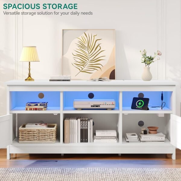 Farmhouse TV Stand with Power Outlet, LED Light Entertainment Center for 65 Inch TVs, TV Cabinet with Storage, Rustic Media Console for Living Room, 59" White