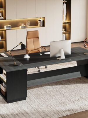 78" L-Shaped Executive Desk, Large Office Desk with Drawers and Lateral File Cabinet, Business Furniture with Storage Shelves, Modern Computer Desk for Home Office (Grey & Black)