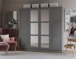 100% Solid Wood 4-Door Wardrobe with Mirrored Clothing Rods, No Shelves, Gray, 74.5" W x 72" H x 20.75" D, Renewable Eco-Friendly Wood, Made in Brazil