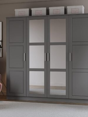 100% Solid Wood  4-Door Wardrobe with Mirrored Clothing Rods, No Shelves, Gray, 74.5" W x 72" H x 20.75" D, Renewable Eco-Friendly Wood, Made in Brazil