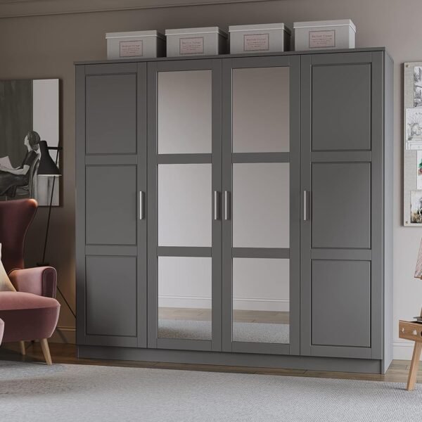 100% Solid Wood 4-Door Wardrobe with Mirrored Clothing Rods, No Shelves, Gray, 74.5" W x 72" H x 20.75" D, Renewable Eco-Friendly Wood, Made in Brazil