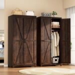 70" Large Armoire Wardrobe Closet Set of 2 with Hanging Rod, Farmhouse Clothing Storage Cabinet with 4 Barn Wooden Tall Bedroom Armoires with Shelf, Espresso