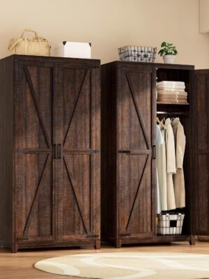 70" Large Armoire Wardrobe Closet Set of 2 with Hanging Rod, Farmhouse Clothing Storage Cabinet with 4 Barn Wooden Tall Bedroom Armoires with Shelf, Espresso