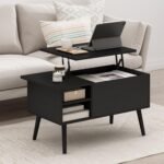 Living Room Wooden Leg Lift Top Coffee Table With Hidden Compartment and Side Open Storage Shelf, Americano