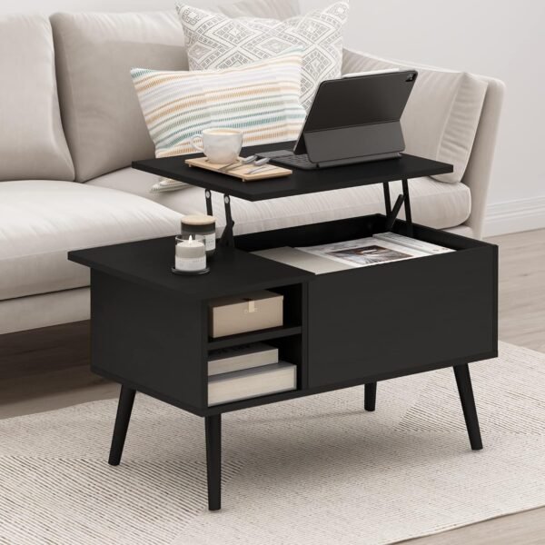 Living Room Wooden Leg Lift Top Coffee Table With Hidden Compartment and Side Open Storage Shelf, Americano
