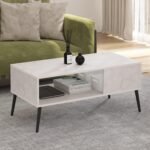 Mid Century Style Coffee Table with Wood Legs, Marble White