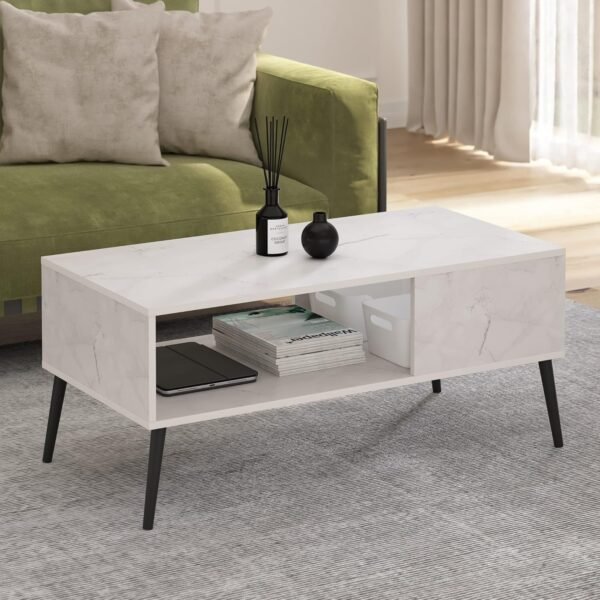Mid Century Style Coffee Table with Wood Legs, Marble White