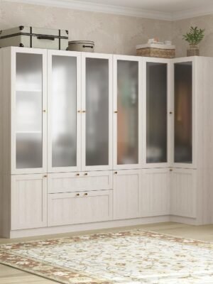 Extra Large L-Shape Armoire Wardrobe Closet with 6 Frosted Glass Hanging Bars, Shelves & Drawers, 98.4" L Wooden Closet Storage Cabinet for Bedroom, Warm Grey