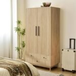 Armoire Wardrobe Closet with 2 Fluted Doors Wardrobe Cabinet with Shelves and Hanging Rod Freestanding Clost Modern Wooden Bedroom Armoire Cabinet Clothing Organizer with Drawers (Natural)