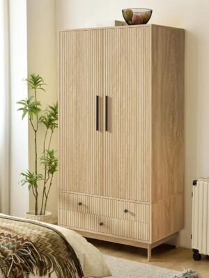 Armoire Wardrobe Closet with 2 Fluted Doors Wardrobe Cabinet with Shelves and Hanging Rod Freestanding Clost Modern Wooden Bedroom Armoire Cabinet Clothing Organizer with Drawers (Natural)