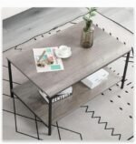 2-Tier Coffee Table with Storage Shelf for Small Living Spaces, Grey Oak Rectangle Wood and Sturdy Metal Side End Table, Stable Metal TV Stand, Functional Center Table for Living Room