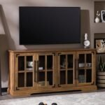Glass Door Wood Universal TV Stand for TV's up to 64" Flat Screen Living Room Storage Cabinet Doors and Shelves Entertainment Center, 58 Inch, Rustic Oak