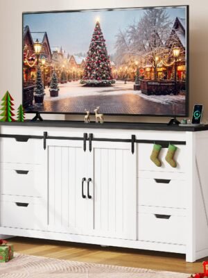 TV Stand for 65 Inch Television, Farmhouse TV Cabinet with Power Outlet & 6 Drawers, Rustic Entertainment Center TV Media Console Table with Storage and Sliding Barn Doors, White/Black, 59''