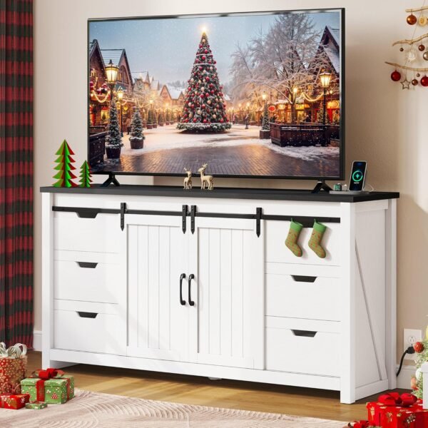 TV Stand for 65 Inch Television, Farmhouse TV Cabinet with Power Outlet & 6 Drawers, Rustic Entertainment Center TV Media Console Table with Storage and Sliding Barn Doors, White/Black, 59''