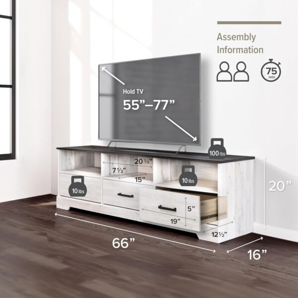 TV Stand, Washed White Storage Cabinet with Shelves, Living Room Storage Cabinet 66" W x 20" H x 16" D