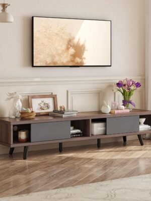 70 inch Mid Century Modern TV Stand for 75 inch TV, Low Profile TV Stand with Storage, Entertainment Center for Living Room, Cord Management, Walnut