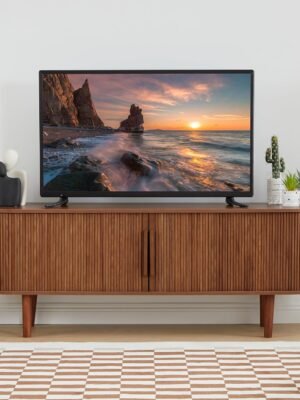 TV Stand, Modern TV Console Table with Storage Compartment and Sliding Door, Gaming Entertainment Center with Cabinet for Living Room, Bedroom, Office (Walnut)